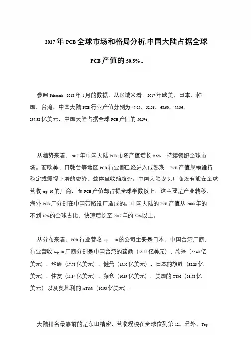 2017年PCB全球市场和格局分析,中国大陆占据全球PCB产值的50.5%。