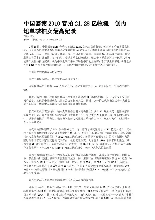 中国嘉德2010春拍21.28亿收槌　创内地单季拍卖最高纪录
