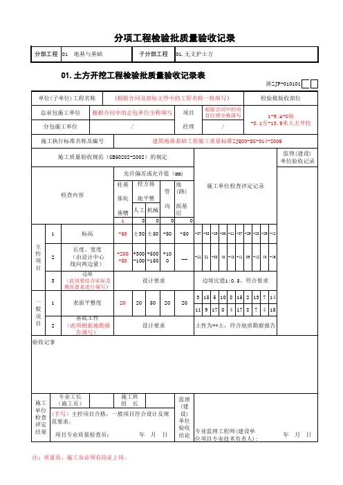 土方开挖工程检验批质量验收记录表