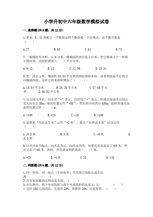小学升初中六年级数学模拟试卷及答案(名校卷)