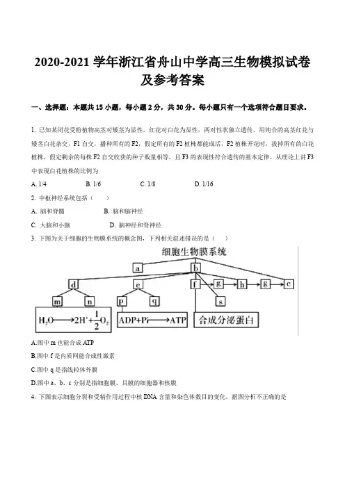 2020-2021学年浙江省舟山中学高三生物模拟试卷及参考答案