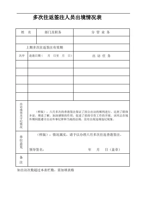 多次往返签注人员出境情况表