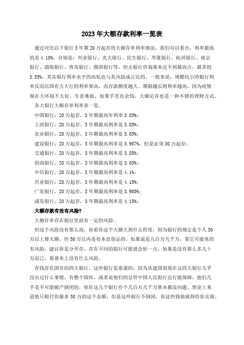 2023年大额存款利率一览表