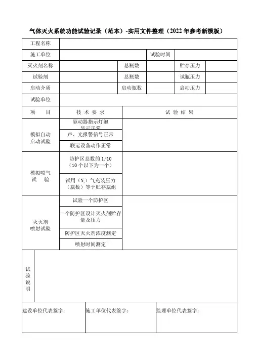 气体灭火系统功能试验记录(范本)-实用文件整理(2022年参考新模板)