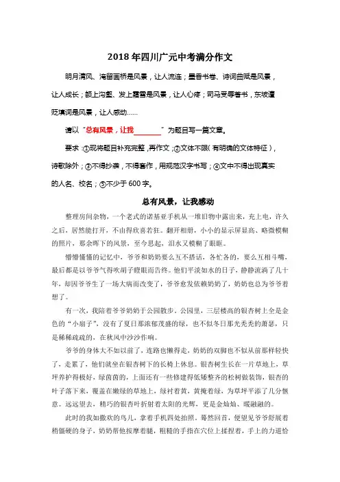 2018年四川广元中考满分作文《总有风景,让我感动》