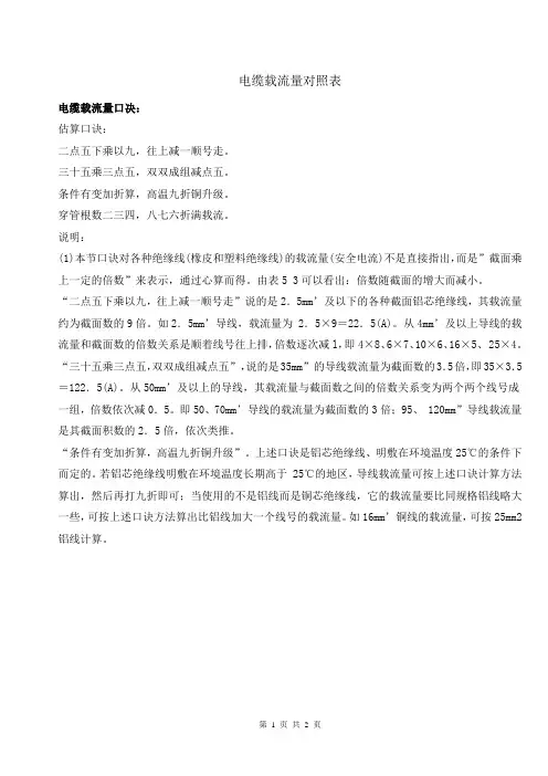 电缆载流量对照表