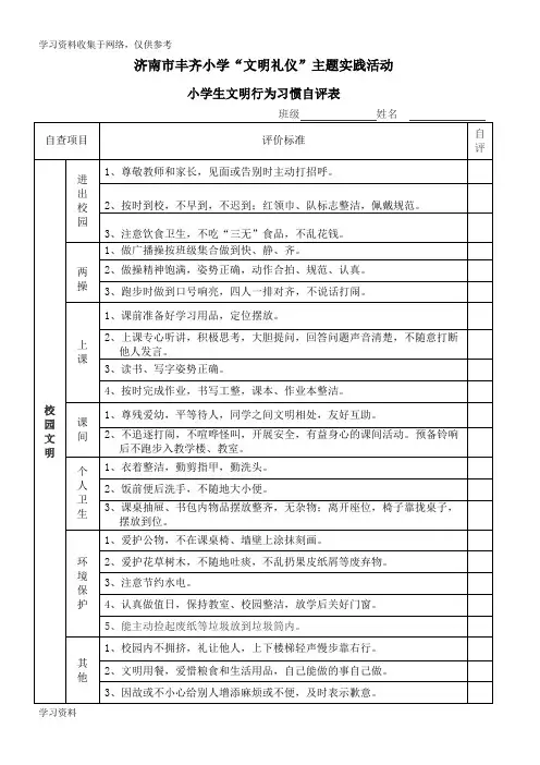 小学生文明行为习惯检查表(自评)