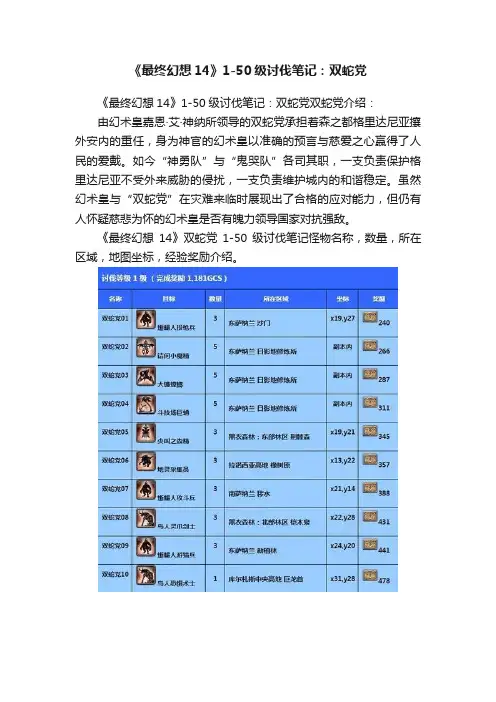 《最终幻想14》1-50级讨伐笔记：双蛇党