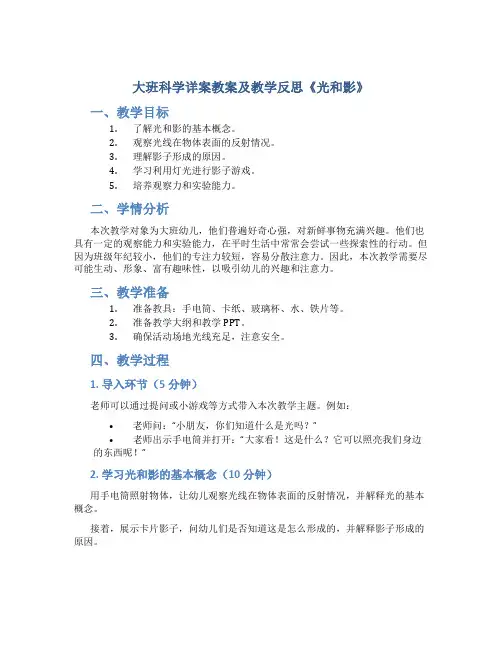 大班科学详案教案及教学反思《光和影》