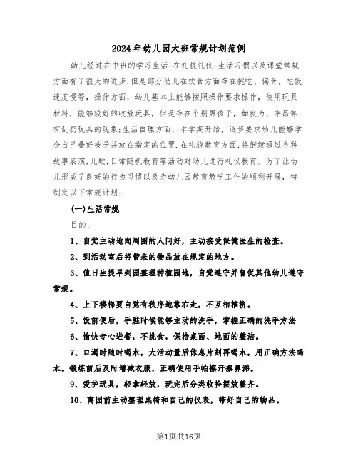 2024年幼儿园大班常规计划范例（4篇）