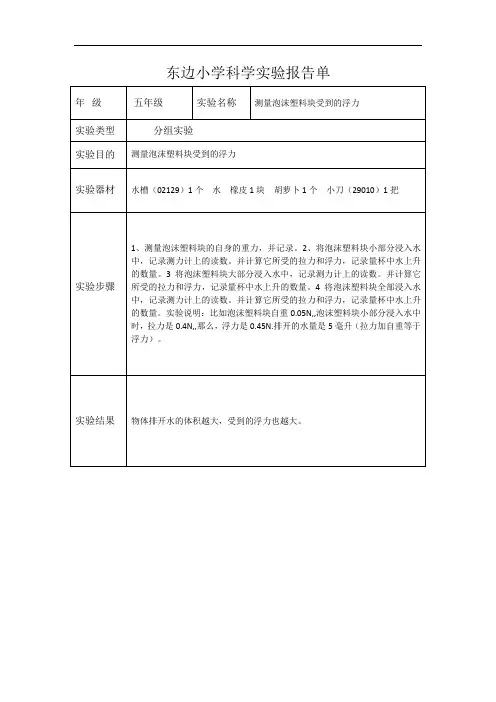 小学五年级上科学实验报告单-同一测量泡沫塑料受到的浮力