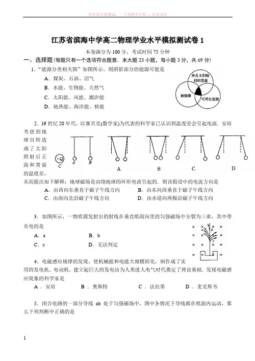 江苏省滨海中学高二物理学业水平模拟测试卷1