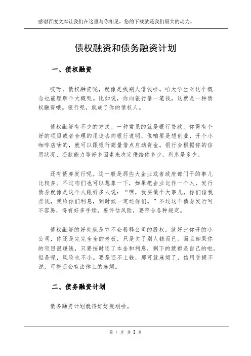 债权融资和债务融资计划