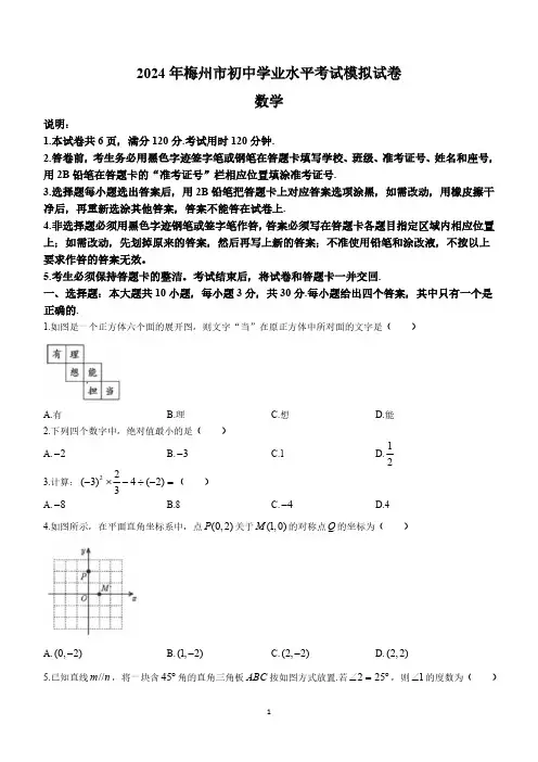 2024年广东省梅州市中考一模数学试题(含答案)