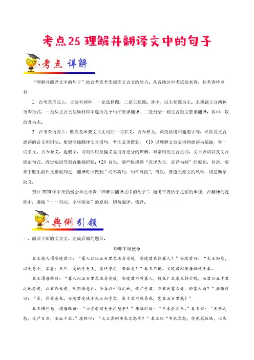 理解并翻译文中的句子-备战2021年中考语文考点一遍过