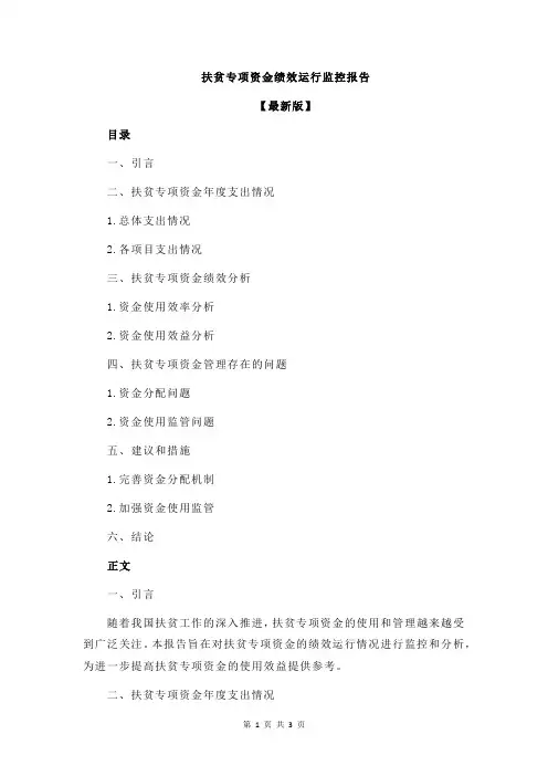 扶贫专项资金绩效运行监控报告