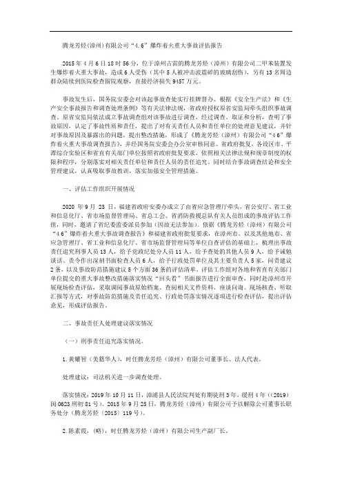腾龙芳烃(漳州)有限公司“4.6”爆炸着火重大事故评估报告