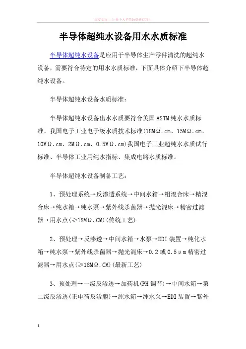 半导体超纯水设备用水水质标准