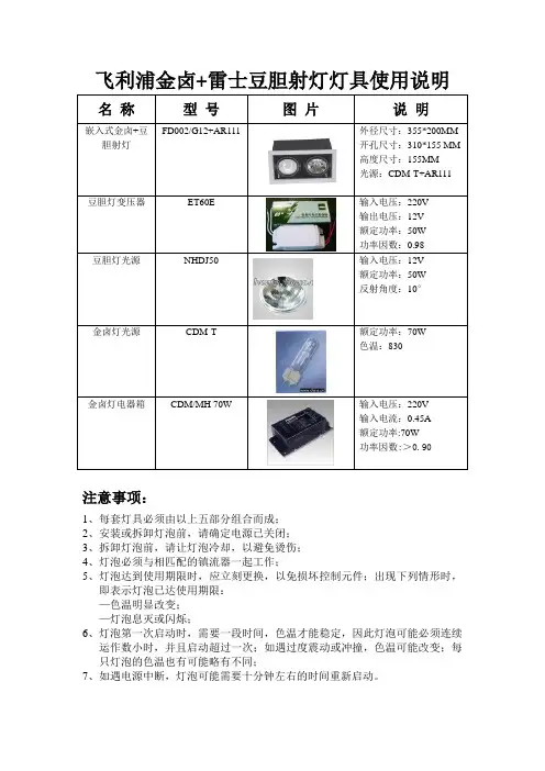 飞利浦金卤+雷士豆胆射灯灯具使用说明