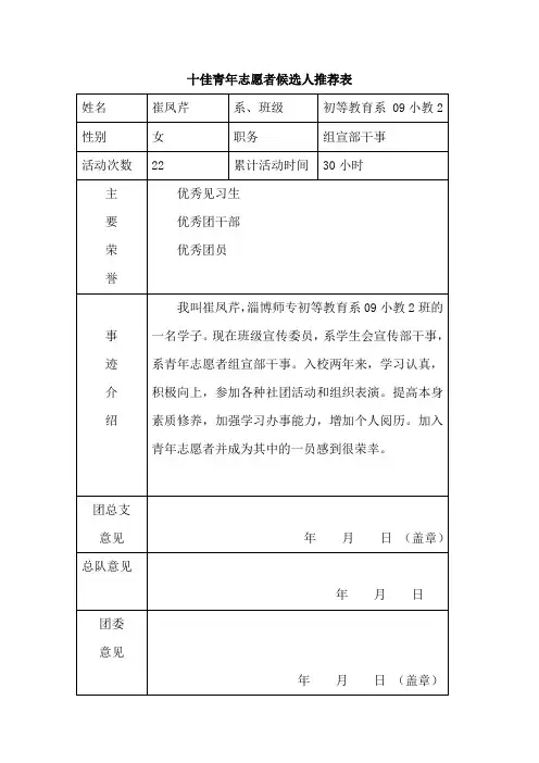 十佳青年志愿者候选人推荐表   崔凤芹