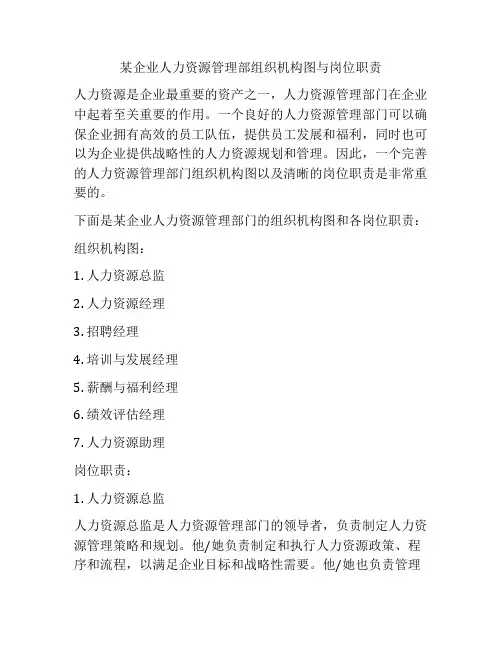 某企业人力资源管理部组织机构图与岗位职责