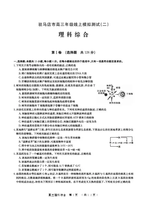 河南省驻马店市2020届高三线上模拟真题测试(二)理科综合(PDF版含答案)