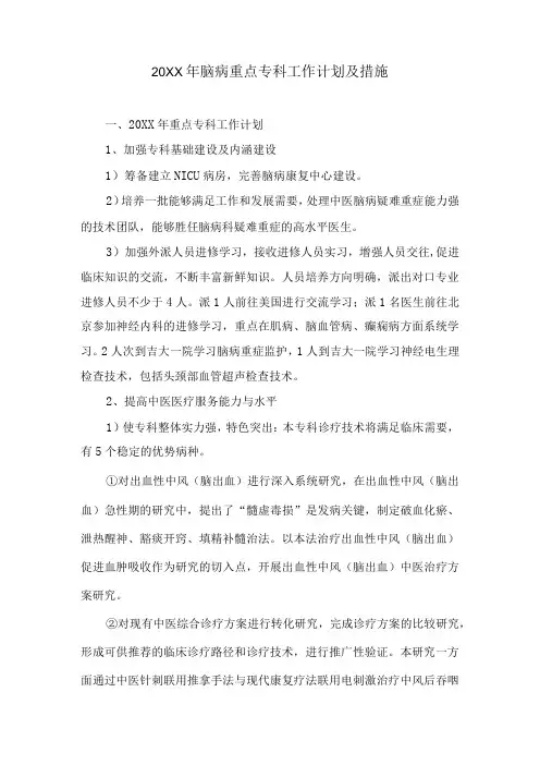 中医脑病年度重点专科工作计划及措施