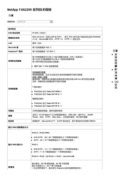 NetApp FAS2200 系列技术规格