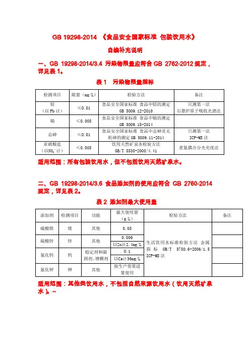 GB 19298-2014 《食品安全国家标准 包装饮用水》自编说明