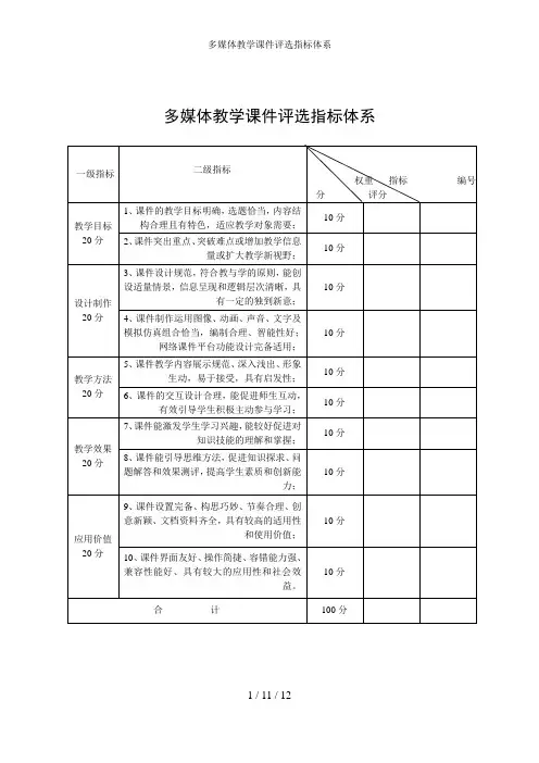 多媒体教学课件评选指标体系