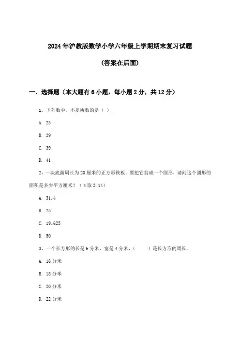 2024年沪教版小学六年级上学期期末数学试题与参考答案