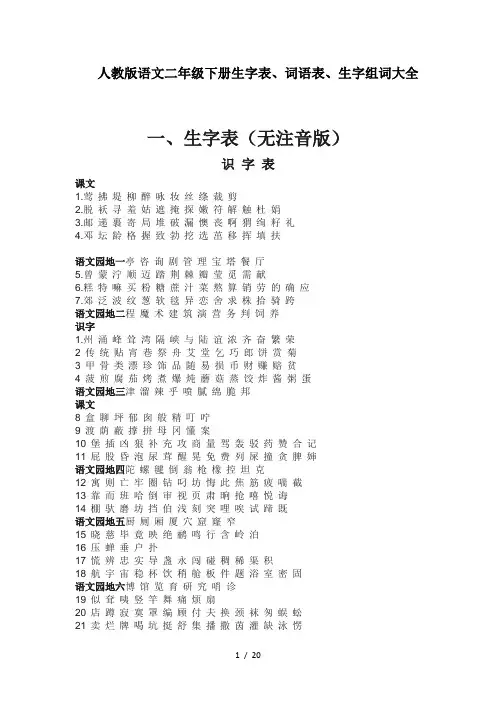 人教版语文二年级下册生字表、词语表、生字组词大全