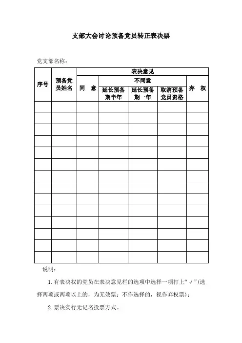 支部大会讨论预备党员转正表决票和表决情况汇总表