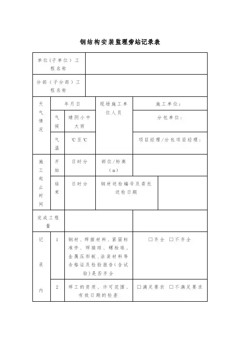 钢结构安装监理旁站记录表模板