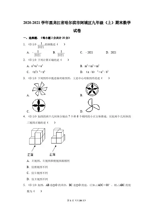 2020-2021学年黑龙江省哈尔滨市阿城区九年级(上)期末数学试卷