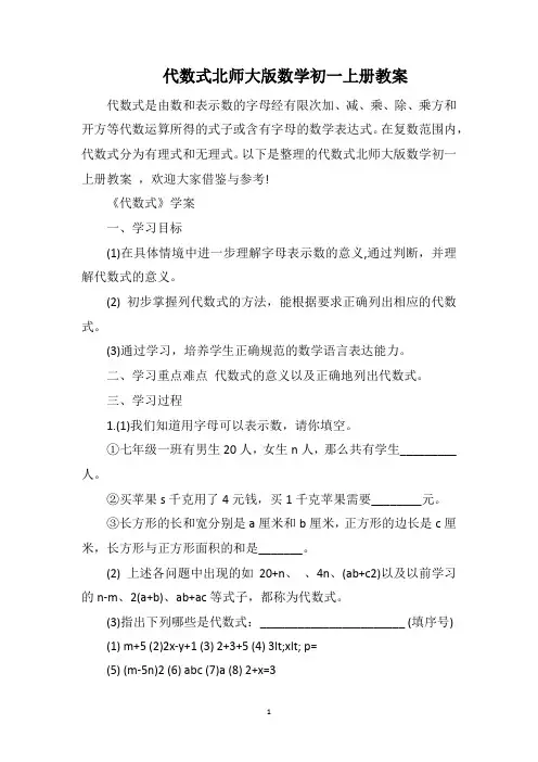 代数式北师大版数学初一上册教案