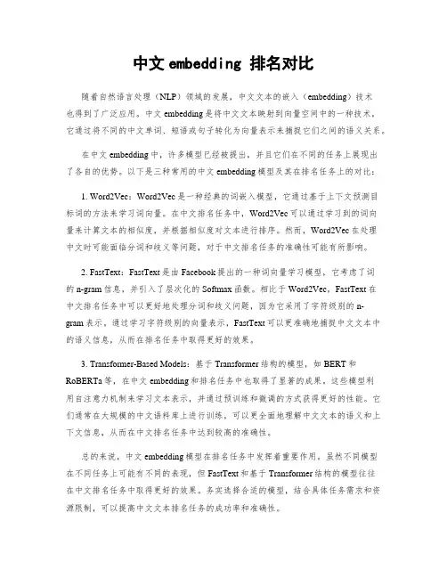 中文embedding 排名对比