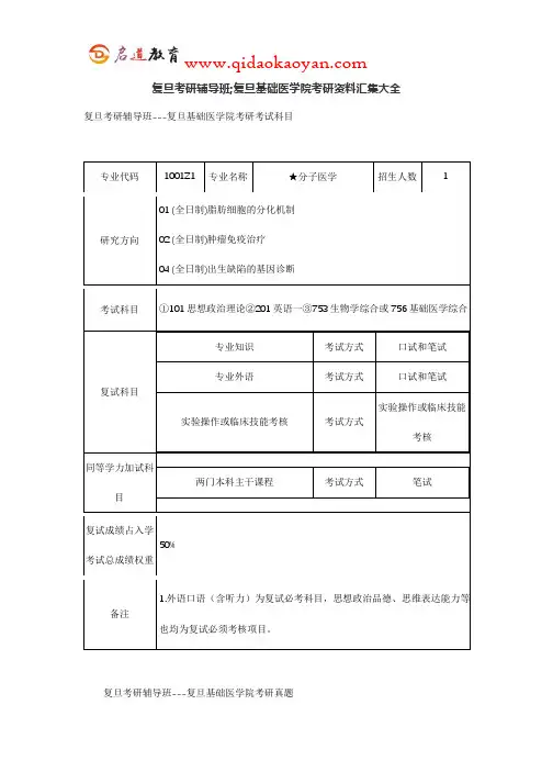 复旦考研辅导班;复旦基础医学院考研资料汇集大全