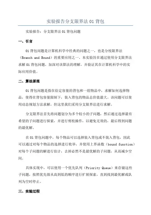 实验报告分支限界法01背包