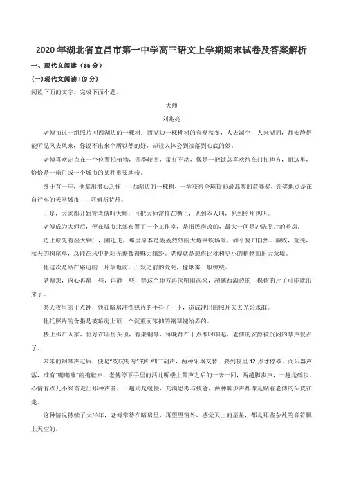 2020年湖北省宜昌市第一中学高三语文上学期期末试卷及答案解析