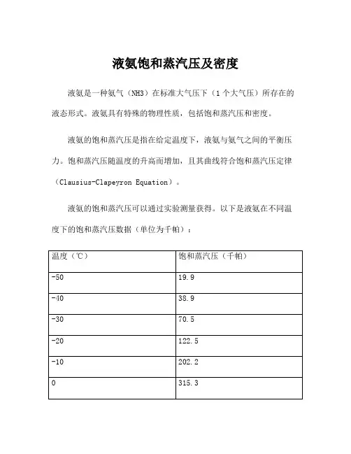 液氨饱和蒸汽压及密度