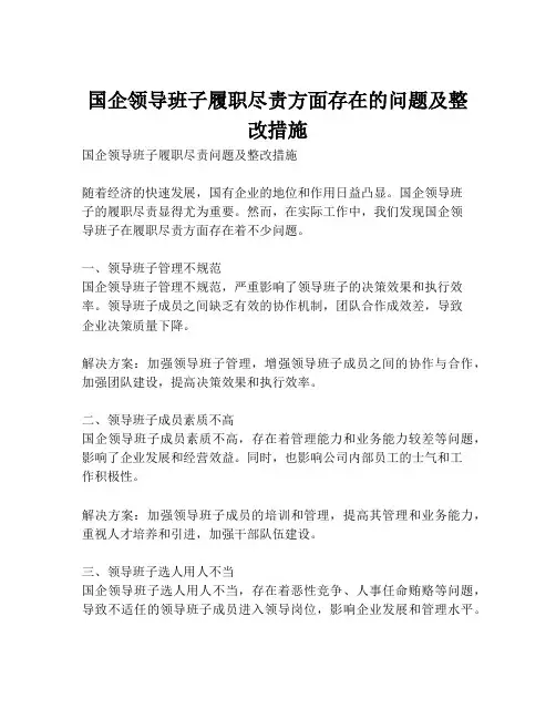 国企领导班子履职尽责方面存在的问题及整改措施