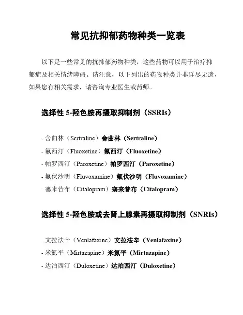 常见抗抑郁药物种类一览表