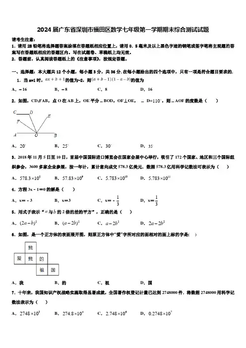 2024届广东省深圳市福田区数学七年级第一学期期末综合测试试题含解析