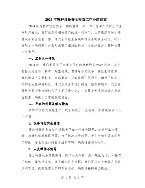 2024年特种设备安全检查工作小结范文