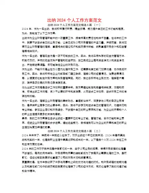 出纳2024个人工作计划范文5篇