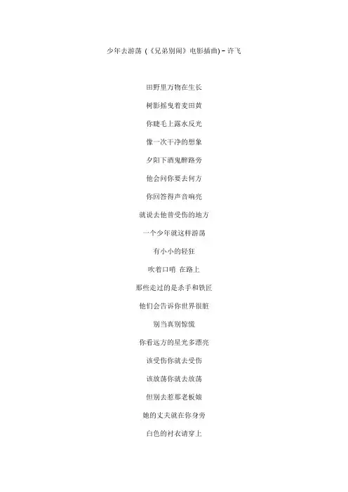 少年去游荡《兄弟别闹》电影插曲文本歌词