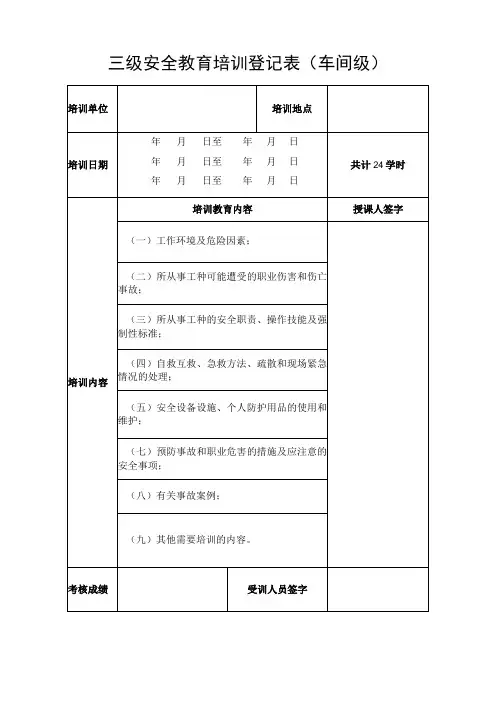三级安全教育培训登记表(车间级)