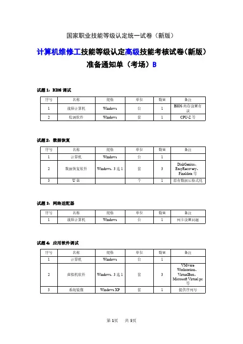 新版 国家职业技能等级认定试卷 计算机维修工高级实操考场、考生准备通知单B
