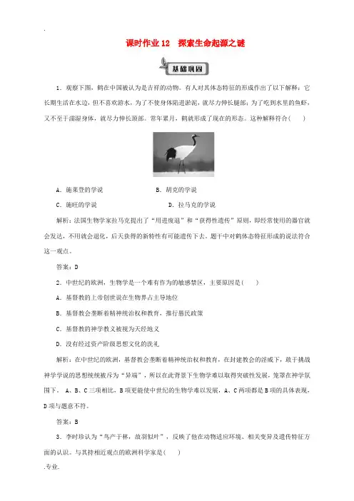 高中历史 课时作业12 探索生命起源之谜 新人教版必修3-新人教版高二必修3历史试题